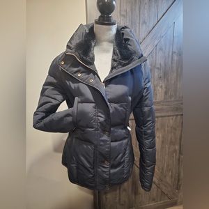ZARA Navy Puffer Jacket with Faux Fur Collar